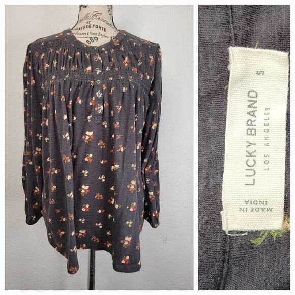 Lucky Brand Babydoll Top SZ Small Gray Floral Bohemian Peasant Long Sleeves - Picture 1 of 10